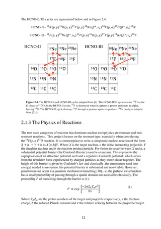 12	
  
The HCNO-II/ III cycles are represented below and in Figure 2.4.
HCNO-II - 𝑁(𝑝, 𝛾) 𝑂(𝑝, 𝛾) 𝐹(𝑝, 𝛾) 𝑁𝑒(𝛽!
, 𝜐!) 𝐹(𝑝, 𝛼)!"!"!"!"!"
𝑂(𝛽!
, 𝜐!)!"
𝑁!"
HCNO-III - 𝐹(𝑝, 𝛾) 𝑁𝑒(𝛽!
, 𝜐!) 𝐹(𝑝, 𝛼) 𝑂(𝑝, 𝛾) 𝐹(𝑝, 𝛾) 𝑁𝑒(𝛽!
, 𝜐!)!"!"!"!"!"!"
𝐹!"
Figure 2.4. The HCNO-II and HCNO-III cycles adapted from [4]. The HCNO-II/III cycles create 𝐹!"
via the
β+
-decay of 𝑁𝑒!"
. In the HCNO-II cycle, 𝐹!"
is destroyed when it captures a proton and emits an alpha,
leaving   𝑂!"
. The HCNO-III cycle destroys 𝐹!"
  through a proton-capture to produce 𝑁𝑒!"
(analysis adapted
from [25]).
2.1.3 The Physics of Reactions
The two main categories of reaction that dominate nuclear astrophysics are resonant and non-
resonant reactions. This project focuses on the resonant type, especially when considering
the 𝐹!"
𝑝, 𝛼 𝑂!"
reaction. It is commonplace to write a compound-nucleus reaction of the form
𝑋 + 𝑎   → 𝑌 + 𝑏 as 𝑋 𝑎, 𝑏 𝑌. Where X is the target nucleus, a the initial interacting projectile, Y
the daughter nucleus and b the reaction product particle. For fusion to occur between X and a, a
substantial potential barrier (the Coulomb Barrier) must be overcome. This represents the
superposition of an attractive potential well and a repulsive Coulomb potential, which stems
from the repulsive force experienced by charged particles as they move closer together. The
height of this barrier is given by Coulomb’s law and classically, the temperature (and thus
energy) needed to overcome this potential barrier is substantial and non-viable. However,
penetration can occur via quantum mechanical tunnelling [30], i.e. the particle wavefunction
has a small probability of passing through a spatial domain not accessible classically. The
probability 𝑃 of tunnelling through the barrier is (1):
𝑃   ∝ 𝑒𝑥𝑝  
−2𝜋𝑍! 𝑍! 𝑒!
ℏ𝑣
Where 𝑍! 𝑍! are the proton numbers of the target and projectile respectively, 𝑒 the electron
charge, ℏ the reduced Planck constant and 𝑣 the relative velocity between the projectile/ target.
(1)
HCNO-IIIHCNO-II
 
