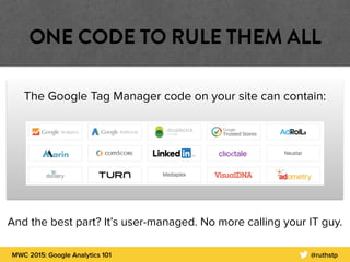 MWC 2015: Google Analytics 101 @ruthstp
ONE CODE TO RULE THEM ALL
The Google Tag Manager code on your site can contain:
And the best part? It’s user-managed. No more calling your IT guy.
 