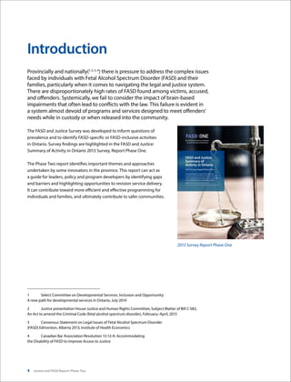 4 Justice and FASD Report: Phase Two
Introduction
Provincially and nationally(1,2,3,4
) there is pressure to address the complex issues
faced by individuals with Fetal Alcohol Spectrum Disorder (FASD) and their
families, particularly when it comes to navigating the legal and justice system.
There are disproportionately high rates of FASD found among victims, accused,
and offenders. Systemically, we fail to consider the impact of brain-based
impairments that often lead to conflicts with the law. This failure is evident in
a system almost devoid of programs and services designed to meet offenders’
needs while in custody or when released into the community.
The FASD and Justice Survey was developed to inform questions of
prevalence and to identify FASD-specific or FASD-inclusive activities
in Ontario. Survey findings are highlighted in the FASD and Justice:
Summary of Activity in Ontario 2013 Survey, Report Phase One.
The Phase Two report identifies important themes and approaches
undertaken by some innovators in the province. This report can act as
a guide for leaders, policy and program developers by identifying gaps
and barriers and highlighting opportunities to revision service delivery.
It can contribute toward more efficient and effective programming for
individuals and families, and ultimately contribute to safer communities.
1	 Select Committee on Developmental Services, Inclusion and Opportunity:
A new path for developmental services in Ontario, July 2014
2	 Justice presentation House Justice and Human Rights Committee, Subject Matter of Bill C-583,
An Act to amend the Criminal Code (fetal alcohol spectrum disorder), February–April, 2015
3	 Consensus Statement on Legal Issues of Fetal Alcohol Spectrum Disorder
(FASD) Edmonton, Alberta 2013, Institute of Health Economics
4	 Canadian Bar Association Resolution 13-12-A: Accommodating
the Disability of FASD to Improve Access to Justice
2013 Survey Report Phase One
 