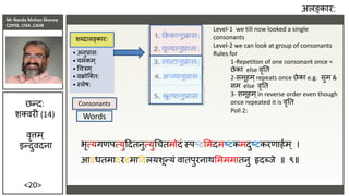 Mr Nanda Mohan Shenoy
CDPSE, CISA ,CAIIB
<20>
अलङ्कार:
• अनुप्रास:
• यमकम्
• चचरम्
• वक्रोजतत:
• स्लेष:
शब्दालङ्कारः
छन्द:
शतवरी (14)
वृत्तम्
इन्दुवदना
Consonants
Words
:
:
:
:
Level-1 we till now looked a single
consonants
Level-2 we can look at group of consonants
Rules for
1-Repetiton of one consonant once =
छेका else वृतत
2-समूहम ्repeats once छेका e.g. सुम &
सम else वृतत
3- समूहम ्in reverse order even though
once repeated it is वृतत
Poll 2:
भृत्यगणपत्युददतनुत्युचचतमोदं स्पष्टसमदमष्टकमदुष्टकरणाहाम् ।
आदधतमादरदमाददलयशून्यं वातपुरनाथसमममातनु हृदब्िे ॥ ९॥
भृत्यगणपत्युददतनुत्युचचतमोदं स्पष्टसमदमष्टकमदुष्टकरणाहाम् ।
आदधतमादरदमाददलयशून्यं वातपुरनाथसमममातनु हृदब्िे ॥ ९॥
 
