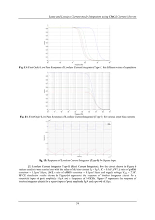 Lossy and Lossless Current-mode Integrators using CMOS Current Mirrors
1
0.9
0.8
0.7

Gain

0.6
0.5
0.4
0.3
0.2
0.1
0 0
10

10

2

10

4

10

6

10

8

10

10

Frequency (Hz)

Fig. 13: First Order Low Pass Response of Lossless Current Integrator (Type-I) for different value of capacitors
1
0.9
0.8
0.7

Gain

0.6
0.5
0.4
0.3
0.2
0.1
0 0
10

10

1

10

2

10

3

4

5

10
10
Frequency (Hz)

10

6

10

7

10

8

10

9

Fig. 14: First Order Low Pass Response of Lossless Current Integrator (Type-I) for various input bias currents
0.5

x 10

-5

Input
Output

0

Current (A)

-0.5

-1

-1.5

-2

-2.5

0

1

2

3

4
Time (s)

5

6

7

8
x 10

-5

Fig. 15: Response of Lossless Current Integrator (Type-I) for Square input
[3] Lossless Current Integrator Type-II (Ideal Current Integrator): For the circuit shown in Figure 6
various analysis were carried out with the value of dc bias current I B = 1µA, C = 0.1nF, (W/L) ratio of pMOS
transistor = 1.0µm/1.0µm, (W/L) ratio of nMOS transistor = 1.0µm/1.0µm and supply voltage V DD = 2.5V.
SPICE simulation results shown in Figure-16 represents the response of lossless integrator circuit for a
sinusoidal input of peak amplitude 10µA and a frequency of 100KHz. Figure-17 represents the response of
lossless integrator circuit for a square input of peak amplitude 5µA and a period of 20µs.

39

 
