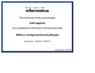  
 
This Certificate hereby acknowledges
Ankit Aggarwal
has completed the Informatica Training course titled
MDM 9.x: Configuring Hierarchy Manager
Class Dates:  7/24/2015 - 7/24/2015
Certificate Date: 7/27/2015
 