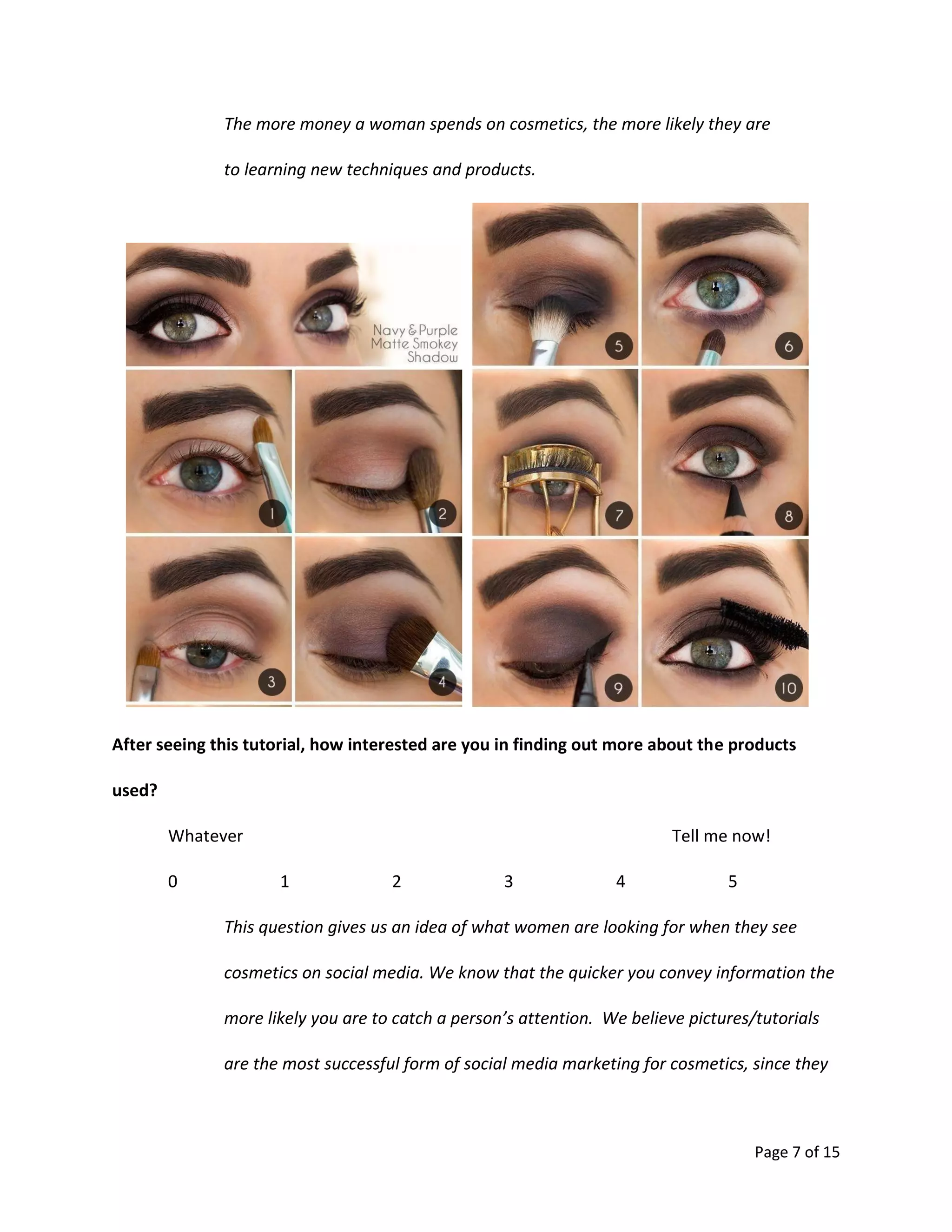 Page 7 of 15
The more money a woman spends on cosmetics, the more likely they are
to learning new techniques and products.
 
After seeing this tutorial, how interested are you in finding out more about the products
used?
Whatever Tell me now!
0 1 2 3 4 5
This question gives us an idea of what women are looking for when they see
cosmetics on social media. We know that the quicker you convey information the
more likely you are to catch a person’s attention. We believe pictures/tutorials
are the most successful form of social media marketing for cosmetics, since they
 