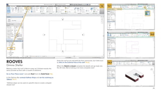19
Making a basic flat roof in Revit is easy as it follows exactly the
same process as floor with a couple of additions.
Go to Floor Plans Level 1 and pick Roof from the Build Panel [16].
In the Options Bar uncheck Defines Slope and set the overhang to
150mm [16.1].
*Defines slope can be used on specific lines to create a shaped
sloped roof
Draw the roof as you did with the floor previously, but make sure
to click on the External Face of the wall [16.2].
When the Sketch is closed complete the sketch and go back into
the 3D view. We’re looking a lot more complete now!
ROOVES
Gimme Shelter
16.1
16.2
16.3
16
 