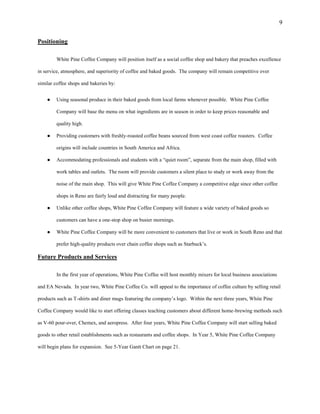 9
Positioning
White Pine Coffee Company will position itself as a social coffee shop and bakery that preaches excellence
in service, atmosphere, and superiority of coffee and baked goods. The company will remain competitive over
similar coffee shops and bakeries by:
● Using seasonal produce in their baked goods from local farms whenever possible. White Pine Coffee
Company will base the menu on what ingredients are in season in order to keep prices reasonable and
quality high.
● Providing customers with freshly-roasted coffee beans sourced from west coast coffee roasters. Coffee
origins will include countries in South America and Africa.
● Accommodating professionals and students with a “quiet room”, separate from the main shop, filled with
work tables and outlets. The room will provide customers a silent place to study or work away from the
noise of the main shop. This will give White Pine Coffee Company a competitive edge since other coffee
shops in Reno are fairly loud and distracting for many people.
● Unlike other coffee shops, White Pine Coffee Company will feature a wide variety of baked goods so
customers can have a one-stop shop on busier mornings.
● White Pine Coffee Company will be more convenient to customers that live or work in South Reno and that
prefer high-quality products over chain coffee shops such as Starbuck’s.
Future Products and Services
In the first year of operations, White Pine Coffee will host monthly mixers for local business associations
and EA Nevada. In year two, White Pine Coffee Co. will appeal to the importance of coffee culture by selling retail
products such as T-shirts and diner mugs featuring the company’s logo. Within the next three years, White Pine
Coffee Company would like to start offering classes teaching customers about different home-brewing methods such
as V-60 pour-over, Chemex, and aeropress. After four years, White Pine Coffee Company will start selling baked
goods to other retail establishments such as restaurants and coffee shops. In Year 5, White Pine Coffee Company
will begin plans for expansion. See 5-Year Gantt Chart on page 21.
 