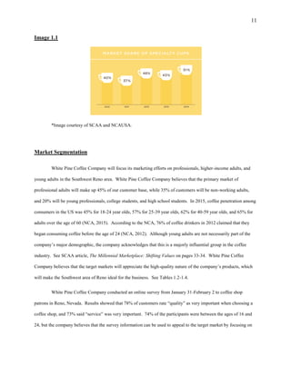 11
Image 1.1
*Image courtesy of SCAA and NCAUSA.
Market Segmentation
White Pine Coffee Company will focus its marketing efforts on professionals, higher-income adults, and
young adults in the Southwest Reno area. White Pine Coffee Company believes that the primary market of
professional adults will make up 45% of our customer base, while 35% of customers will be non-working adults,
and 20% will be young professionals, college students, and high school students. In 2015, coffee penetration among
consumers in the US was 45% for 18-24 year olds, 57% for 25-39 year olds, 62% for 40-59 year olds, and 65% for
adults over the age of 60 (NCA, 2015). According to the NCA, 76% of coffee drinkers in 2012 claimed that they
began consuming coffee before the age of 24 (NCA, 2012). Although young adults are not necessarily part of the
company’s major demographic, the company acknowledges that this is a majorly influential group in the coffee
industry. See SCAA article, The Millennial Marketplace: Shifting Values on pages 33-34. White Pine Coffee
Company believes that the target markets will appreciate the high-quality nature of the company’s products, which
will make the Southwest area of Reno ideal for the business. See Tables 1.2-1.4.
White Pine Coffee Company conducted an online survey from January 31-February 2 to coffee shop
patrons in Reno, Nevada. Results showed that 78% of customers rate “quality” as very important when choosing a
coffee shop, and 73% said “service” was very important. 74% of the participants were between the ages of 16 and
24, but the company believes that the survey information can be used to appeal to the target market by focusing on
 
