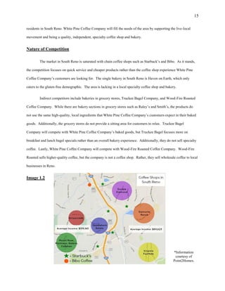 15
residents in South Reno. White Pine Coffee Company will fill the needs of the area by supporting the live-local
movement and being a quality, independent, specialty coffee shop and bakery.
Nature of Competition
The market in South Reno is saturated with chain coffee shops such as Starbuck’s and Bibo. As it stands,
the competition focuses on quick service and cheaper products rather than the coffee shop experience White Pine
Coffee Company’s customers are looking for. The single bakery in South Reno is Haven on Earth, which only
caters to the gluten-free demographic. The area is lacking in a local specialty coffee shop and bakery.
Indirect competitors include bakeries in grocery stores, Truckee Bagel Company, and Wood-Fire Roasted
Coffee Company. While there are bakery sections in grocery stores such as Raley’s and Smith’s, the products do
not use the same high-quality, local ingredients that White Pine Coffee Company’s customers expect in their baked
goods. Additionally, the grocery stores do not provide a sitting area for customers to relax. Truckee Bagel
Company will compete with White Pine Coffee Company’s baked goods, but Truckee Bagel focuses more on
breakfast and lunch bagel specials rather than an overall bakery experience. Additionally, they do not sell specialty
coffee. Lastly, White Pine Coffee Company will compete with Wood-Fire Roasted Coffee Company. Wood-Fire
Roasted sells higher-quality coffee, but the company is not a coffee shop. Rather, they sell wholesale coffee to local
businesses in Reno.
Image 1.2
*Information
courtesy of
Point2Homes.
 