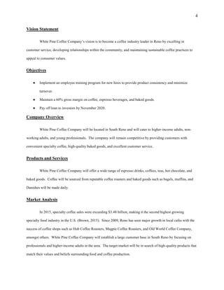 4
Vision Statement
White Pine Coffee Company’s vision is to become a coffee industry leader in Reno by excelling in
customer service, developing relationships within the community, and maintaining sustainable coffee practices to
appeal to consumer values.
Objectives
● Implement an employee training program for new hires to provide product consistency and minimize
turnover.
● Maintain a 60% gross margin on coffee, espresso beverages, and baked goods.
● Pay off loan to investors by November 2020.
Company Overview
White Pine Coffee Company will be located in South Reno and will cater to higher-income adults, non-
working adults, and young professionals. The company will remain competitive by providing customers with
convenient specialty coffee, high-quality baked goods, and excellent customer service.
Products and Services
White Pine Coffee Company will offer a wide range of espresso drinks, coffees, teas, hot chocolate, and
baked goods. Coffee will be sourced from reputable coffee roasters and baked goods such as bagels, muffins, and
Danishes will be made daily.
Market Analysis
In 2015, specialty coffee sales were exceeding $3.48 billion, making it the second highest growing
specialty food industry in the U.S. (Brown, 2015). Since 2009, Reno has seen major growth in local cafes with the
success of coffee shops such as Hub Coffee Roasters, Magpie Coffee Roasters, and Old World Coffee Company,
amongst others. White Pine Coffee Company will establish a large customer base in South Reno by focusing on
professionals and higher-income adults in the area. The target market will be in search of high-quality products that
match their values and beliefs surrounding food and coffee production.
 