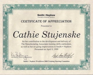 Smith and Nephew Certificate of Appreciation