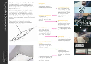 Research&Development FUTURE Designs operates an in-house Research &
Development facility to ensure our luminaires are
unsurpassed in both performance and aesthetics.
Our philosophy is always to push the boundaries by
questioning the norm.
We constantly develop new and exciting product
ranges to meet the needs of our diverse client
base. We believe that even if a product has been
successful in the market there is always room to
further develop the success, be it through more
efficient manufacturing or by incorporating the latest
materials.
Our on-site facility allows us to control the
development of our luminaires from initial idea
conception through to launch.
Research & Development
3D Solidworks
development model.
Design for aesthetics and
function. Photometric Testing
Photopia virtual
photometric test. To test
performance and light
distribution. Check for
Building Regulations Part
L & ECA (Enhanced Capital
Allowance) schemes.
Lux Level Testing
Initial Relux lighting
calculations to check
typical lux levels, energy
consumption for BREEAM,
LEED, SKA, ESTIDAMA.
Design Brief
A brief from our client either
for a standard luminaire,
bespoke product or scheme.
Final Design
The tests allow us to refine
and produce fully workable
manufacturing drawings.
Concept & Specification
Initial Concept through
hand sketching and card
models. At this stage no
idea is discounted as even
the most obscure idea
could be the answer we are
looking for.
Manufacture
Production of our
luminaires in full swing
and from here they are
packaged and sent to our
clients.
First Install
Arguably our favourite stage
in the process where we see
our product in situ and the
full effect of an install.
Independent Photometric
Testing
Independent photometric
labs provide us with a final
photometric report.
8
futuredesigns.co.uk
 