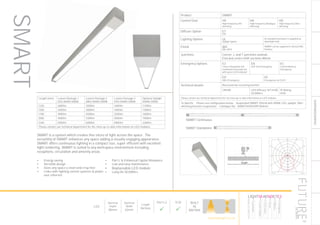 SUSPENDED/SURFACE
•	 Energy saving
•	 Versatile design
•	 Gives any space a clean and crisp feel
•	 Links with lighting control systems & power
over ethernet
​SMART is a system which creates fine slices of light across the space. The
versatility of SMART enhances any space adding a visually engaging appearance.
SMART offers continuous lighting in a compact size, super efficient with excellent
light rendering, SMART is suited to any workspace environment including
receptions, circulation and amenity areas.
•	 Part L & Enhanced Capital Allowance
•	 Low and easy maintenance
•	 Replaceable LED module
•	 Long life 50,000hrs
SMART Continuous
SMART Standalone
103
Product SMART
Control Gear HX
High frequency DSI
dimming
HA
High frequency Analogue
dimming
HD
High frequency DALI
dimming
Diffuser Option ET
030
Lighting Options UL
Uplight Option
As standard luminiare is supplied as
downlight only
Finish WH
RAL 9010
SMART can be supplied in various RAL
finishes.
Junctions Corner, L and T junctions availale.
End and centre infill sections 80mm
Emergency Options E3
3 hour integrated self
contained conversion kit
with green LED indicator
EA
Self Test Emergency
EC
Central Battery
Emergency
ED
DALI Emergency
EE
Emergency via ELED
Technical details Recessed via recessing bracket
CRI>80 LED Efficacy 167 lm/W
50.000hrs
IP Rating
IP20
Please contact our technical department for the most up-to-date information on LED modules
To Specify: Please see configuration below . Suspended SMART 250mA with 4000K LED, uplight, DALI
dimming and wire suspension. Catalogue No: SMARTHO4KHDR1964mm
LumEdit
VANE-LED-1024-4K-O-TL-WS-0.565M Polar Diagram
04.08.15 / 13:12 1/1
40
80
120
160
200
90°90°
180°
0° 30°30°
150°150°
60°
120°
60°
120°
cd / 1000 lm
C0 / C180 C90 / C270
Length (mm) Lumen Package 1
(SO) 4000K/3000K
Lumen Package 2
(MO) 4000K/3000K
Lumen Package 3
(HO) 4000K/3000K
Optional Uplight
4000K/3000K
1220 2600lm 3000lm 3400lm 1100lm
1500 3300lm 3800lm 4300lm 1400lm
1780 3900lm 4500lm 5200lm 1600lm
2060 4600lm 5300lm 6000lm 1900lm
2340 5200lm 6000lm 6900lm 2200lm
Please contact our technical department for the most up-to-date information on LED modules
LED
Nominal
Depth
80mm
Nominal
Width
62mm
Length
Various
Part L2

ECA

BUILT
IN
BRITAIN
SMART
HOWTOSPECIFY
LIGHT5K4KNDETE3
Luminaire
LumenOutput
LEDColour
Driver
Options
Emergency
futuredesigns.co.uk
 