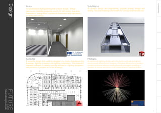 FUTUREDESIGNS
28 - 008
INFORMAL MEETING
28 - 002
SS
28 - 004
ADMIN
28 - 006
CF
28 - 009
ACCOUNT
28 - 010
HEAD OF
DEPARTMENT
28 - 011
LEGAL
28 - 013
HR
28 - 016
STORE
28 - 17
MALE
RESTROOM
28 - 018
PRINT/
COPY
28 - 007
QUIET
28 - 005
VISITOR
OFFICE
28 - 003
WARDROBE
28 - 012
HEAD OF
DEPARTMENT
28 - 015
HEAD OF
DEPARTMENT
28 - 014
HEAD OF
DEPARTMENT
28 - 031
SERVER
CLG-5
CLG-5
CLG-5
CLG-5
CLG-5
CLG-5
CLG-5
CLG-5
CLG-5
CLG-5
CLG-5
CLG-7
CLG-3
CLG-3
CLG-3
CLG-3
CLG-3
CLG-3
CLG-3 CLG-3 CLG-3
CLG-3
CLG-3
CLG-5
CLG-5
CLG-5 CLG-3 CLG-3
CLG-3
CLG-3
CLG-5
OX-1
FOR LIGHTING AND SERVICES SPECIFICATIONS
AND LOCATIONS REFER TO LIGHTING DRAWINGS
AND M&E CONSULTANT INFORMATION
SYMBOL DESCRIPTION
RECESSED LUMINAIRE
DOWNLIGHTER
PARTITION CONTINUING ABOVE CEILING
FINISHED CEILING LEVEL ABOVE FFL LEV XX
SETTING OUT POINT
DRYWALL DOWNSTAND IN CEILING VOID
WALLWASHER
INDIRECT LIGHTING
600x600 LIGHTING PANEL
FIRE BARRIER ABOVE CEILING
LINEAR LUMINAIRE
HATCH DENOTES
AREA OF FULL
HEIGHT FURNITURE/
JOINERY
WORK PROTECTED
AREAS,
LANDLORDS DEMISE &
WORKS NOT IN THIS
CONTRACT.
ACOUSTIC BARRIER ABOVE CEILING
NOTE: BARRIER TO OVERLAP OVER
BY DOOR MIN 500mm LEAVING A
RETURN AIR GAP
PENDANT LIGHTING
DRAWING CATEGORY -
REFLECTED CEILINGS
CEIILING LEVEL CHANGE
CEIILING FINISH - REFER TO FINISHES SCHEDULE
CUSTOM LENGTH LINEAR LUMINAIRE
RECESSED SYSTEM LUMINAIRE (DOWNLIGHTER+ LINEAR)
CLG-#
INDIRECT LINEAR LIGHTING
CL CENTER LINE
Design Relux
For professional light planning and scheme design. Virtual
spaces are modelled producing results for light levels, task area
illuminance, energy W/m², cylindrical illuminance and light levels
on walls and ceilings.
AutoCAD
A versatile design tool used by designers to create manufacturing
drawings, lighting schemes and lighting schematics. This industry
standard software is widely used by architects, lighting designers
and planners to produce accurate drawings.
Photopia
An advanced lighting design and simulation package giving fast
and accurate photometric analysis. Photopia allows you to produce
virtual luminaires without timely physical prototypes enabling a
number of design variations to be tested without altering tooling.
SolidWorks
3D product design and engineering, bespoke product design and
testing. Accurate drawings and models for concept and manufacture.
9
futuredesigns.co.uk
 