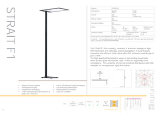 The STRAIT F1 free-standing luminaire is a modern workplace light
offering flexible and individual positioning options. It is particularly
innovative and efficient thanks to an ultra-flat luminaire head design of
just 13 mm.
The high quality of illumination supports demanding visual tasks,
while an anti-glare microprism cover creates an appealing room
atmosphere. The lumianire offers indirect/direct distribution with LED
sidelight for homogeneous light distribution.
•	 Range of lumen outputs
•	 Homogeneous light
•	 Independent emergency
•	 Links with lighting control systems &
power over ethernet
•	 Part L & Enhanced Capital Allowance
•	 Low and easy maintenance
•	 Replaceable LED module
•	 Long life 50,000hrs
LED
Head
449mm x
726mm
Height
1913mm
Part L2

ECA

BUILT
IN
BRITAIN
Product STRAIT F1
LED Options 8830lm
3000K
9150
4000K
Control MO
Mains only
PIR
Daylight control
Diffuser Option MP
Microprism
Emergency Option ED
DALI Emergency
Finish DG
DB 703
(Graphite)
SG
RAL 9006
(Aluminium)
WH
RAL 9016
(white)
Speial colours
available
Technical Details CRI>80 LED Efficacy 70% lm
50.000hrs
IP Rating
IP20
Please contact our technical department for the most up-to-date information on LED modules
To Specify: Free standing luminaire to suit 9150lumen cool white LED, PIR control gear and aluminium
finish. Catalogue No STRAIT91K4KPIRMPSGF1
Luminaire data
SPITTLER, SL713 LED (!8713761865380(BLACK FLOORNMOUNT))
LDC
Object
Installation
Project number
Date
: 9-10 Philpot lane
: 1st, 2nd, 3rd 4th WC Lift Lobby Rev D
: FD8341
: 12.10.2015
This calculation is for guidance only, and as such Future Designs will not be held responsible for any errors contained therein.
FUTURE Designs Limited, T: 01732 867420, E: info@futuredesigns
FOR CATALOGUE
40
80
120
160
200
90°90°
180°
0° 30°30°
150°150°
60°
120°
60°
120°
cd / 1000 lm
C0 C90 C180
0° 205 205 205
10° 199 203 199
20° 186 190 186
30° 158 162 158
40° 120 122 120
50° 71 74 71
60° 38 40 38
70° 18 23 18
80° 8 11 8
90° 1 0 1
100° 101 24 101
110° 205 62 205
120° 213 83 213
130° 154 87 154
140° 108 94 108
150° 98 103 98
160° 107 110 107
170° 111 112 111
180° 112 112 112
cd / 1000 lm
C0 / C180 C90 / C270
Manufacturer : SPITTLER
Order number : !8713761865380(BLACK FLOORNMOUNT)
Luminaire name : SL713 LED
Equipment : 1 x LED 85W / 6942 lm
Dimensions : L 725 mm x W 450 mm x H 1913 mm
File name : rlx28316318.ldt
Efficiency factor : 99.8%
Luminaire efficacy : 81.51 lm/W (C52)
Light distribution
Beam Angle
: sym. to C0-C180 / C90-C270
: -- C0-C180
-- C90-C270
STRAITF1
128
HOWTOSPECIFY
LIGHT5K4KNDETE3
Luminaire
LumenOutput
LEDColour
Driver
Options
Emergency
futuredesigns.co.uk
 