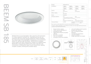 153
DOWNLIGHT/ACCENT
LED
Recessed
Depth
95mm
Nominal
Size
Ø185mm
Cutout
Ø172mm
Part L2

ECA

BUILT
IN
BRITAIN
Luminaire data
FUTURE Designs Limited, BEEM185/SB (BEEM185/2400/4K/SB)
LDC
Object
Installation
Project number
Date
: 9-10 Philpot lane
: 1st, 2nd, 3rd 4th WC Lift Lobby Rev D
: FD8341
: 12.10.2015
This calculation is for guidance only, and as such Future Designs will not be held responsible for any errors contained therein.
FUTURE Designs Limited, T: 01732 867420, E: info@futuredesigns
FOR CATALOGUE
100
200
300
90°90°
180°
0° 30°30°
150°150°
60°
120°
60°
120°
cd / 1000 lm
C0 C90 C180
0° 303 303 303
5° 301 300 301
10° 294 293 294
15° 283 283 283
20° 269 268 269
25° 251 251 251
30° 231 231 231
35° 209 209 209
40° 185 185 185
45° 159 159 159
50° 131 132 131
55° 105 104 105
60° 79 79 79
65° 54 55 54
70° 33 34 33
75° 16 16 16
80° 6 6 6
85° 2 2 2
90° 0 0 0
cd / 1000 lm
C0 / C180 C90 / C270
Manufacturer : FUTURE Designs Limited
Order number : BEEM185/2400/4K/SB
Luminaire name : BEEM185/SB
Equipment : 1 x LED 24W / 4000K / 2400 lm
Dimensions : D 185 mm x H 7 mm
File name : BEEM185-2400-4K-SB.ldt
Efficiency factor : 64.5%
Luminaire efficacy : 59.54 lm/W (A50)
Light distribution
Beam Angle
: sym. to C0-C180 / C90-C270
: 92.6° C0-C180
92.8° C90-C270
Ceiling cut-out: Ø172mm
Product BEEM SB 185
Led Options 1200lm
4000K LED
1600lm
4000K LED
2100lm
4000K LED
3400lm
4000K LED
1100lm
3000K LED
1500lm
3000K LED
2100lm
3000K LED
3600lm
3000K LED
Control ND
Non dimming
HD
DALI dimming
Diffuser Option O
Opal PMMA
Finish RAL9016
Emergency Options E3
3 hour integrated self contained
conversion kit with green LED indicator
ED
DALI emergency
EE
Emergency via independent ELED
EC
Central battery emergency
Technical Details CRI>80 LED Efficacy 168 lm/W
50.000hrs
IP Rating
IP20
Please contact our technical department for the most up-to-date information on LED modules
To Specify: Ø185mm downlighter to suit 2100lumen cool white LED, DALI digital dimming control gear.
Catalogue No BEEMSB1852K4KHDO9016
BEEM SB 185 recessed downlighter offers powerful LED illumination
in a 185mm diameter luminaire size. Manufactured from die cast
aluminium with easy install springs designed for simple installation,
the unique design of this downlighter incorporates a recessed frosted
diffuser for optimum light distribution. BEEM SB 185 is available
lumen outputs and colour temperatures suitable for all lighting needs.
BEEM offers energy efficient lighting with carbon reduction to all
environments, including office space, accent and perimeter lighting,
reception, breakout, amenity and circulation spaces.
•	 Range of lumen outputs
•	 Colour tolerance MacAdam ≥ 3
•	 Homogeneous light
•	 Highly efficient injection moulded
reflector
•	 RAL 9016 as standard
•	 Tool-less installation
•	 Emergency conversions available
•	 Links with lighting control systems
& power over ethernet
•	 Part L & Enhanced Capital
Allowance
•	 Low and easy maintenance
•	 Long life 50,000hrs
•	 Zhaga replaceable LED module
BEEMSB185
HOWTOSPECIFY
LIGHT5K4KNDETE3
Luminaire
LumenOutput
LEDColour
Driver
Options
Emergency
futuredesigns.co.uk
 
