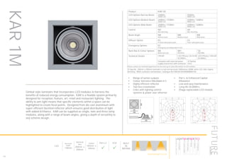 162
LED
Recessed
Depth
130mm
Nominal
Size
200mm x
200mm
Cutout
185mm x
185mm
Part L2

ECA

BUILT
IN
BRITAIN
Product KAR 1M
LED Options Narrow Beam 2400lm
3000K LED
2500lm
4000K LED
LED Options Medium Beam 2400lm / 3100lm
3000K LED
2200lm / 3280lm
4000K LED
LED Options Wide Beam 2400lm / 3100lm
3000K LED
2200lm / 3280lm
4000K LED
Control ND
Non dimming
HD
DALI dimming
Beam Angle NB
Narrow beam
MB
Medium beam
WB
Wide beam
Diffuser Option FG
Frosted safety glass pane
CG
Clear safety glass pane
Emergency Options EE
Emergency via independent ELED
Back Box & Colour Options BB
Black back box
WH
RAL9016
SG
RAL9006
Technical Details CRI>80 LED Efficacy 126 lm/W
50.000hrs
LED Efficacy 118lm/W
50.000hrs
Complete with external power
supply (converter) with connector
IP Rating
IP23
Please contact our technical department for the most up-to-date information on LED modules
To Specify: 200mm x 200mm luminaire to suit narrow beam 2400lumen 3000K white LED, DALI digital
dimming. White luminaire and backbox. Catalogue No KAR24K3KHDNBBBWH1M
Luminaire data
SPITTLER, KA16 EB LED (8163161171430)
LDC
Object
Installation
Project number
Date
: St Andrews House
: 3rd Floor Rev B
: FD8668
: 16.12.2015
This calculation is for guidance only, and as such Future Designs will not be held responsible for any errors contained therein.
Future Designs, T: +44 (0)1732 867420, E: info@futuredesigns.co.uk
Relux1
1000
2000
3000
90°90°
180°
0° 30°30°
150°150°
60°
120°
60°
120°
cd / 1000 lm
C0 C90 C180
0° 3155 3155 3155
5° 2904 2904 2904
10° 2255 2255 2255
15° 1360 1360 1360
20° 677 677 677
25° 410 410 410
30° 340 340 340
35° 285 285 285
40° 84 84 84
45° 3 3 3
50° 2 2 2
55° 1 1 1
60° 1 1 1
65° 1 1 1
70° 1 1 1
75° 1 1 1
80° 1 1 1
85° 1 1 1
90° 1 1 1
cd / 1000 lm
C0 / C180
Manufacturer : SPITTLER
Order number : 8163161171430
Luminaire name : KA16 EB LED
Equipment : 1 x LED 19W / 2289 lm
Dimensions : L 120 mm x W 120 mm x H 0.0 mm
File name : rlx19508299.ldt
Efficiency factor : 100%
Luminaire efficacy : 120.47 lm/W (A80)
Light distribution
Beam Angle
: rotationally symmetric
: 27.6° C0-C180
Luminaire data
SPITTLER, KA16 EB LED (8163171261430)
LDC
Object
Installation
Project number
Date
: St Andrews House
: 3rd Floor Rev B
: FD8668
: 16.12.2015
This calculation is for guidance only, and as such Future Designs will not be held responsible for any errors contained therein.
Future Designs, T: +44 (0)1732 867420, E: info@futuredesigns.co.uk
Relux1
400
800
1200
1600
90°90°
180°
0° 30°30°
150°150°
60°
120°
60°
120°
cd / 1000 lm
C0 C90 C180
0° 1757 1757 1757
5° 1689 1689 1689
10° 1520 1520 1520
15° 1270 1270 1270
20° 963 963 963
25° 654 654 654
30° 440 440 440
35° 261 261 261
40° 110 110 110
45° 16 16 16
50° 2 2 2
55° 1 1 1
60° 1 1 1
65° 1 1 1
70° 1 1 1
75° 1 1 1
80° 1 1 1
85° 1 1 1
90° 1 1 1
cd / 1000 lm
C0 / C180
Manufacturer : SPITTLER
Order number : 8163171261430
Luminaire name : KA16 EB LED
Equipment : 1 x LED 29W / 3133 lm
Dimensions : L 120 mm x W 120 mm x H 0.0 mm
File name : rlx20338240.ldt
Efficiency factor : 100%
Luminaire efficacy : 108.03 lm/W (A70)
Light distribution
Beam Angle
: rotationally symmetric
: 42.8° C0-C180
Gimbal style luminaire that incorporates LED modules to harness the
benefits of reduced energy consumption. KAR is a flexible system primarily
designed for reception, feature, art, retail and restaurant lighting. The
ability to aim light means that specific elements within a space can be
highlighted to create focal points. Designed from die cast aluminium with
super efficient facetted reflector which ensures good distribution of light
with added brilliance. KAR can be supplied as single, twin and three lamp
modules, along with a range of beam angles, giving a depth of versatility to
any scheme design.
•	 Range of lumen outputs
•	 Colour tolerance MacAdam ≥ 3
•	 Highly efficient reflector
•	 Tool less installation
•	 Links with lighting control
systems & power over ethernet
•	 Part L & Enhanced Capital
Allowance
•	 Low and easy maintenance
•	 Long life 50,000hrs
•	 Zhaga replaceable LED module
KAR1M
HOWTOSPECIFY
LIGHT5K4KNDETE3
Luminaire
LumenOutput
LEDColour
Driver
Options
Emergency
futuredesigns.co.uk
 