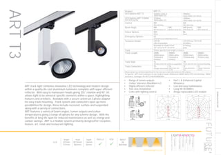 169
DOWNLIGHT/ACCENT
LED
Height
237mm
157mm
Head
Ø115mm
Ø63mm
Depth
136mm
82mm
Part L2

ECA

BUILT
IN
BRITAIN
LEDS C4, Proyector MACH 3 840 30º 53.2W (35-3947)
LDC
500
1000
1500
2000
2500
90°90°
180°
0° 30°30°
150°150°
60°
120°
60°
120°
cd / 1000 lm
C0 C90 C180
0° 2865 2865 2865
5° 2697 2701 2697
10° 2112 2133 2112
15° 1418 1429 1418
20° 765 806 765
25° 444 443 444
30° 370 360 370
35° 174 200 174
40° 25 31 25
45° 10 10 10
50° 8 8 8
55° 5 5 5
60° 3 3 3
65° 2 2 2
70° 1 1 1
75° 0 0 0
80° 0 0 0
85° 0 0 0
90° 0 0 0
cd / 1000 lm
C0 / C180 C90 / C270
Manufacturer : LEDS C4
Order number : 35-3947
Luminaire name : Proyector MACH 3 840 30º 53.2W
Equipment : 1 x L3947 53.2W 80 4000K / 4518.28 lm
Dimensions : D 115 mm x H 135 mm
File name : 35-3947.ldt
Efficiency factor : 100%
Luminaire efficacy : 85.25 lm/W (A80)
Light distribution
Beam Angle
: sym. to C0-C180 / C90-C270
: 29.8° C0-C180
29.9° C90-C270
Luminaire data
LEDS C4, Proyector MACH-3 38W 3000K (35-3940)
LDC
2000
4000
6000
90°90°
180°
0° 30°30°
150°150°
60°
120°
60°
120°
cd / 1000 lm
C0 C90 C180
0° 6121 6121 6121
5° 4829 4792 4829
10° 2096 2105 2096
15° 910 899 910
20° 545 537 545
25° 434 429 434
30° 372 363 372
35° 195 198 195
40° 30 31 30
45° 5 5 5
50° 4 4 4
55° 4 3 4
60° 5 5 5
65° 1 1 1
70° 0 0 0
75° 0 0 0
80° 0 0 0
85° 0 0 0
90° 0 0 0
cd / 1000 lm
C0 / C180 C90 / C270
Manufacturer : LEDS C4
Order number : 35-3940
Luminaire name : Proyector MACH-3 38W 3000K
Equipment : 1 x 35-3940-60-DU / 2557.5 lm
Dimensions : D 120 mm x H 230 mm
File name : 35-3940.ldt
Efficiency factor : 95.76%
Luminaire efficacy : 64.45 lm/W (A80)
Light distribution
Beam Angle
: sym. to C0-C180 / C90-C270
: 16.5° C0-C180
16.4° C90-C270
•	 Range of lumen outputs
•	 Colour tolerance MacAdam ≥ 3
•	 Highly efficient reflector
•	 Tool-less installation
•	 Links with lighting control
•	 Part L & Enhanced Capital
Allowance
•	 Low and easy maintenance
•	 Long life 50,000hrs
•	 Zhaga replaceable LED module
ART track light combines innovative LED technology and modern design
within a quality die cast aluminium luminaire complete with super efficient
reflector. With easy to manoeuvre heads giving 355° rotation and 90° tilt
allows light to be aimed at specific elements within a space, highlighting
features and artefacts. Available with a secure universal 3 phase adaptor
for easy track mounting. Track system and connectors open up more
possibilities for design, these include recessed, surface and suspended
along with a variety of connections.
ART features a variety of beam angles, lumen outputs and colour
temperatures giving a range of options for any scheme design. With the
benefits of long life span for reduced maintenance as well as energy and
carbon savings. ART is a flexible system primarily designed for reception,
feature, art, retail and restaurant lighting.
Product ART T3
LED Options ART T3 3460lm (DALI)
3000K/4000K LED
2960lm
3000K/4000K LED CRI>90
LED Options ART T3 MINI
Non Dimming Only
1100lm
3000K/4000K LED
1000lm
3000K/4000K LED CRI>90
Control ND
Non dimming
HD
DALI dimming
Beam Angle NB
Narrow beam 15°
MB
Medium beam 30°
WB (mini)
Wide beam 40°
WB
Wide beam 55°
Colour Options WH
White
BL
Black
Emergency Options EE
Emergency via independent ELED
Technical Details CRI>80
CRI>90 available
LED Efficacy 100 lm/W
50.000hrs
Rotatable & tiltable head
320° vertical & 90° horizontal
IP Rating
IP20
Track Please specify track length in meters
Track Length 2MBL
2000m black
Trimmed &
trimless
2MWH
2000m white
Trimmed &
trimless
3MBL
3000m black
Trimless only
3MWH
3000m white
Trimless only
Track Style TL
Trimless track for surface & suspended
TR
Track with trim for recessed mounting
Track Connectors TS
Straight connection
TX
4way track con-
nector
TF
Track end conec-
tion
TC
Corner track con-
nector
Please contact our technical department for the most up-to-date information on LED modules
To Specify: ART track luminaire to suit medium beam 3460lumen 4000K white LED, non dimming. White
luminaire. Catalogue No ARTT334K4KMBNDWH
ARTT3
HOWTOSPECIFY
LIGHT5K4KNDETE3
Luminaire
LumenOutput
LEDColour
Driver
Options
Emergency
futuredesigns.co.uk
 