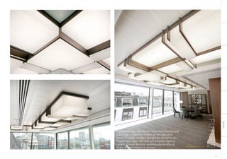 BESPOKE
173
A contemporary lighting raft made from illuminated
cubes that create a focal point at this executive
space. FUTURE Designs brought the design to life.
Producing a super efficient, ultra flexible lighting
system to meet the brief aesthetically but also in
terms of performance & delivery. futuredesigns.co.uk
 