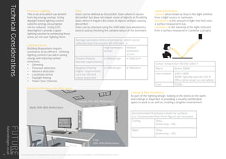 Lighting Control
Building Regulations require
luminaires to be efficient. Utilising
lighting controls can aid in saving
energy and reducing carbon
emissions.
•	 Dimming
•	 Presence detectors
•	 Absence detection
•	 Localised control
•	 Daylight linking
•	 Power Over Ethernet
Ceilings 70%-90% Reflectance
Walls 50%-80% Reflectance
Floor
20%-40% Reflectance
Furniture
20%-70%
Reflectance
Recommended illuminance levels for surfaces.
It is recommended that these figures are exceeded.
Ceiling 50lux
Uniformity › 10%
Walls 75lux
Uniformity › 10%
Standard reflectances for office space
Ceilings & Wall Illuminance
As part of the lighting design, looking at the levels on the walls
and ceilings is important in providing a visually comfortable
space to work in as well as creating a brighter environment.
Perimeter Lighting
This is an area which can benefit
from big energy savings. Using
daylight linked lighting control
systems energy consumption
can be reduced. Using LED
downlighters provide a good
lighting solution to enhancing these
areas yet not over lighting them.
Lighting Definitions
Lumens (also known as flux) is the light emitted
from a light source or luminaire.
Illuminance is the amount of light that falls onto
a surface measured in lux.
Luminance is the intensity of the light reflected
from a surface measured in Candelas (cd/sqm).
Glare
Glare can be defined as Discomfort Glare where it causes
discomfort but does not impair vision of objects or Disability
Glare where it impairs the vision of objects without causing
discomfort.
Glare can be checked using the UGR table (see photometry
basics) and by checking the candela values of the luminaire.
Average luminance limits of luminaires, which can be
reflected onto Flat screens (BS EN12464-1)
High luminance
screen
Medium
luminance
screen
Positive Polarity
Normal requirements
≤ 3000cd/sqm ≤ 1500cd/m²
Negative Polarity
Higher requirements
such as CAD and
colour inspection
≤ 1500cd/sqm ≤ 1000cd/m²
Illum
inance
Lum
inance
Colour temperature BS EN 12464-1
Warm Below 3000K
Intermediate 3300-5300K
4000K typically used for CAT A
Office (also known as cool white)
Cool 5300K+
THIS LIGHTING GUIDE IS FOR INFORMATION ONLY AND AS SUCH FUTURE DESIGNS WILL NOT BE HELD RESPONSIBLE FOR ANY ERRORS CONTAINED THEREIN.
TechnicalConsiderations
16
futuredesigns.co.uk
 