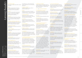 LIGHTINGGUIDE
DISCOMFORT GLARE
Glare that may impair vision whilst causing
discomfort.
DMX
A digital communications protocol for
controlling lighting fixtures, originally
developed to control stage lighting.
DRIVER
Electronics used to power illumination
sources. LED drivers are available as
constant current, constant voltage,
dimming and non-dimming.
EFFICACY
The light output of a light source divided
by the total electrical power input to that
source, expressed in lumens per Watt
(lm/W).
ELUMDAT (EUROPEAN LUMEN DATA)
A file produced by a photometric test which
describes the behaviour of a luminaire
within a lighting calculation program.
EMERGENCY LIGHTING
Lighting which is provided in the event of a
mains failure.
ESCAPE LIGHTING
Emergency lighting provided to show the
escape route.
ESTIDAMA
Estidama is a building design methodology
for constructing and operating buildings
and communities more sustainable,
primarily used in the Gulf region.
FLOODLIGHTING
Wide distribution lighting of an object or
building by flood lights or projectors.
FLUX / LUMINOUS FLUX
Luminous flux is the measure of the
perceived power of light, adjusted to
reflect the varying sensitivity of the human
eye to different wavelengths of light
FORWARD VOLTAGE
LEDs are current driven devices. If an
external current is passed through the
device, a forward voltage will be developed
across the diode.
FREEDOM FROM BINNING
Describes the case where the entire
production of white LEDs can be
described by a single CCT and within a
declared number of MacAdam ellipses.
No subdivision or colour binning of the
LEDs is required for use in the intended
application.
GENERAL LIGHTING
Lighting throughout a space with no
localised requirements.
GLARE
Reduction in the ability to see objects
causing discomfort. Glare caused by high
contrasts or incorrect luminance limits.
GONIOPHOTOMETER
A photometric device for testing the
luminous intensity distribution, efficiency,
and luminous flux of luminaires.
HEAT SINK
A part of the thermal system that
conducts or convects heat away from
sensitive components, such as LEDs and
electronics.
HIGH FREQUENCY
A range of high specification electronic
ballasts exceeding the performance crite-
ria of the European norms.
INDIRECT LIGHTING
Lighting emitted from a luminaire that is
indirectly illuminating the working plane.
ILLUMINANCE
The intensity of light falling on a surface
area. If the area is measured in square
feet, the unit of illuminance is foot candles
(fc). If measured in square meters, the unit
of illuminance is lux (lx).
ILLUMINATING ENGINEERING SOCIETY OF
NORTH AMERICA (IESNA)
The recognised technical authority in
the US on illumination, communicating
information on all aspects of good lighting
practice to its members, to the lighting
community, and to consumers through
a variety of programs, publications, and
services.
JUNCTION TEMPERATURE
Junction temperature, noted as Tj, is the
temperature of the LED’s active region.
KELVIN (TEMPERATURE)
KELVIN (K) used to indicate the compara-
tive colour appearance of a light source
when compared to a theoretical blackbody.
Yellowish incandescent lamps are 2700K.
Fluorescent and LED light sources range
from 3000K to 6500K and higher.
MAINTENANCE CYCLE
Lamp replacement, luminaire and room
surface cleaning cycle.
MAINTAINED ILLUMINANCE
Value in which the average illuminance
should not fall below.
MODELLING
The balance between diffuse and
directional light to improve or enhance a
space and objects, people, finishes within.
ORGANIC LIGHT-EMITTING DIODES
(OLED)
Organic light-emitting diodes (OLEDs)
are based on organic (carbon based)
materials. In contrast to LEDs, which are
small point sources, OLEDs are made in
sheets which provide a diffuse area light
source. OLED technology is developing
rapidly and is increasingly used in display
applications such as cell phones and PDA
screens. However, OLEDs are still some
years away from becoming a practical
general illumination source. Additional
advancements are needed in light output,
colour, efficiency, cost, and lifetime.
PHOSPHOR
A coating of phosphorescent material
which photons from a royal blue LED pass
through causing those photons to exit with
a different colour property.
PLANCKIAN BLACK BODY LOCUS
The line on the CIE Chromaticity Diagram
that describes the color temperature of an
object when heated from approximately
1,000K to more than 10,000K.
POLAR CURVE (Luminous Intensity
Distribution)
The polar curve is a graphical
representation of the distribution of
intensity of a luminaire and indicates the
directions in which light is projected.
POWER FACTOR
The active power divided by the apparent
power (i.e., Product of the rms input
voltage and rms input current of a driver).
POWER FACTOR CORRECTION
In an electronic device, such as an LED
lighting fixture, a system of inductors,
capacitors, or voltage converters to adjust
the power factor of electronic devices
toward the ideal power factor of 1.0.
LIGHT OUTPUT RATIO (LOR)
The ratio of the total light emitted by a
luminaire (light fitting) to the total light
output of the lamp or lamps it contains. It
is always less than 1.
LUMEN (lm)
The international (SI) unit of luminous flux
or quantity of light emitted by a source.
LUMEN DEPRECIATION
Describes the percentage of light lost
relative to the initial lumen output.
LUMEN MAINTENANCE
The luminous flux at a give time in the
life of the LED. This is expressed as a
percentage of the initial luminous flux.
LUMEN MAINTENANCE CURVE
A graph illustrating the predicted average
light output behaviour over time of a single
LED or solution.
LUMEN OUTPUT
The total lumens emitted of a light source.
LUMINAIRE
A lighting fixture providing artificial light,
supplied complete with light source and
other accessories. As an example a lu-
minaire can be recessed, suspended, free
standing, wall or surface mounted.
LUMINANCE
The intensity of light in a given direction
from a surface. The unit is candelas per
sq.m (cd/m²)
LUMINAIRE EFFICACY
The output of a light source divided by the
total electrical power and efficiency of the
luminaire. Expressed in luminaire lumens
per Watt (ll/W).
LUMINOUS INTENSITY
The luminous flux in a given direction.
The unit is the candela (one lumen per
steradian).
LUX
The standard unit of illuminance of a
surface being lit. One lux is one lumen per
square metre.
MACADAM ELLIPSE
A MacAdam ellipse is the region on a
chromaticity diagram which contains all
colours which are indistinguishable, to the
average human eye, from the colour at the
centre of the ellipse.
LEADING EDGE DIMMER
A type of dimmer that regulates power to
lamps by delaying the leading edge of each
half-cycle of AC power. Compatible with
many LED fixtures.
LED - See LIGHT EMITTING DIODE.
LED ARRAY/MODULE/ENGINE
An assembly of LED packages or diodes
on a printed circuit board, possibly with
optical elements and additional thermal,
mechanical and electrical interfaces.
LED CHIP
The light producing semiconductor device.
LED LUMINAIRE
A complete lighting unit consisting of
LED-based light emitting elements and
a matched driver together with parts to
distribute light.
LEED (LEADERSHIP IN ENERGY &
ENVIRONMENTAL DESIGN)
LEED is an internationally recognised
green building certification system,
providing third-party verification that
shows strategies intended to improve
performance
LIFE CYCLE COSTING
A technique to establish the total cost of
ownership. It is a structured approach that
addresses all the elements of this cost and
can be used to produce a spend profile of
the product or service over its anticipated
life-span.
LIGHT EMITTING DIODE (LED)
A Light Emitting Diode (LED) is a solid-
state semiconductor device that converts
electrical energy directly into light. On
its most basic level, the semiconductor
comprises of two regions: the p-region
contains positive electrical charges while
the n-region contains negative electrical
charges. When voltage is applied and
current begins to flow, the electrons move
across the n region into the p region. The
process of an electron moving through
the p-n junction releases energy. The
dispersion of this energy produces photons
with visible wavelengths.
LIGHT METER
Device used to measure light in situ. Cali-
brated in lux or foot candles.
LIGHT OUTPUT
The total lumens emitted from a luminaire.
THIS LIGHTING GUIDE IS FOR INFORMATION ONLY AND AS SUCH FUTURE DESIGNS WILL NOT BE HELD RESPONSIBLE FOR ANY ERRORS CONTAINED THEREIN.
LightingGlossary
35
futuredesigns.co.uk
 