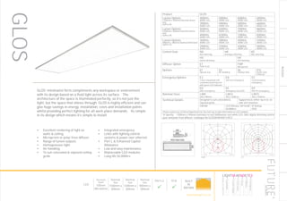 RECESSED
LED
Recessed
Depth
105mm
Min 65mm
Nominal
Size
1500mm x
300mm
Nominal
Size
1200mm x
300mm
Nominal
Size
900mm x
300mm
Part L2

ECA

BUILT
IN
BRITAIN
49
GLOS’ minimalist form compliments any workspace or environment
with its design based on a fluid light across its surface. The
architecture of the space is illuminated perfectly, so it’s not just the
light, but the space that shines through. GLOS is highly efficient and can
give huge savings in energy, installation, costs and installation points
whilst providing perfect lighting for all work place demands. Its simple
in its design which means it’s simple to install
•	 Excellent rendering of light on
walls & ceiling
•	 Microprism or polar frost diffuser
•	 Range of lumen outputs
•	 Homogeneous light
•	 Air handling
•	 To suit concealed & exposed ceiling
grids
•	 Integrated emergency
•	 Links with lighting control
systems & power over ethernet
•	 Part L & Enhanced Capital
Allowance
•	 Low and easy maintenance
•	 Replaceable LED modules
•	 Long life 50,000hrs
Product GLOS
Lumen Options
(1200mm x 300mm) Nominal dimen-
sion
Suffix LIN
4000lm
4000K LED
5000lm
4000K LED
6000lm
4000K LED
6900lm
4000K LED
3900lm
3000K LED
4900lm
3000K LED
5800lm
3000K LED
6600lm
3000K LED
Lumen Options
(1500mm x 300mm) Nominal dimen-
sion
Suffix LIN
5000lm
4000K LED
6300lm
4000K LED
7500lm
4000K LED
8600lm
4000K LED
4900lm
3000K LED
6100lm
3000K LED
7300lm
3000K LED
8300lm
3000K LED
Lumen Options
(900mm x 300mm) Nominal dimension
Suffix LIN
3000lm
4000K LED
3800lm
4000K LED
4500lm
4000K LED
5200lm
4000K LED
2900lm
3000K LED
3700lm
3000K LED
4300lm
3000K LED
5000lm
3000K LED
Control Gear ND
Non dimming
HA
Analogue dimming
HD
DALI dimming
HS
Switch dimming
HX
DSI dimming
Diffuser Option ET
Polar frost
FMP
Microprism
Options X1
Special size
X3
Air handling
X6
Shallow Void
X16
Power Over
Ethernet
Emergency Options E3
3 hour integrated self
contained conversion kit
with green LED indicator
EA
Self test emergency
EC
Central battery
emergency
ED
DALI emergency
EE
Emergency via ELED
EP
EM-Pro emergency
Nominal Sizes LIN9
300 x 900mm
LIN12
300 x 1200mm
LIN15
300 x 1500mm
Technical Details Designed to suit concealed &
exposed grids
Supported as either lay in or on
side arm brackets
CRI>80 LED Efficacy 169 lm/W
50.000hrs
IP Rating
IP20
Please contact our technical department for the most up-to-date information on LED modules
To Specify: 1200mm x 300mm luminaire to suit 5000lumen cool white LED, DALI digital dimming control
gear and polar frost diffuser. Catalogue No GLOS5K4KHDETLIN12
FMP ET
LumEdit
GLOS-LED-3000-4K-ET-150-LIN Polar Diagram
04.08.15 / 13:40 1/1
50
100
150
200
250
90°90°
180°
0° 30°30°
150°150°
60°
120°
60°
120°
cd / 1000 lm
C0 / C180 C90 / C270
LumEdit
GLOS-4K-4K-FMP-200mA-LIN12 Polar Diagram
11.08.15 / 15:21 1/1
100
200
300
90°90°
180°
0° 30°30°
150°150°
60°
120°
60°
120°
cd / 1000 lm
C0 / C180 C90 / C270
GLOS
HOWTOSPECIFY
LIGHT5K4KNDETE3
Luminaire
LumenOutput
LEDColour
Driver
Options
Emergency
futuredesigns.co.uk
 