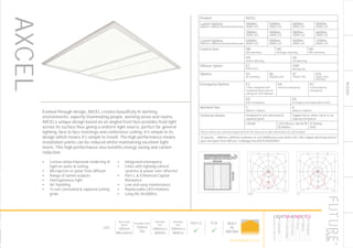 RECESSED
59
Evolved through design, AXCEL creates beautifully lit working
environments, expertly illuminating people, working areas and rooms.
AXCEL’s unique design based on an angled front face provides fluid light
across its surface thus giving a uniform light source, perfect for general
lighting, face to face meetings and conference calling. It’s simple in its
design which means it’s simple to install. The high performance means
installation points can be reduced whilst maintaining excellent light
levels. This high performance also benefits energy saving and carbon
reduction.
•	 Lenses allow improved rendering of
light on walls & ceiling
•	 Microprism or polar frost diffuser
•	 Range of lumen outputs
•	 Homogeneous light
•	 Air handling
•	 To suit concealed & exposed ceiling
grids
•	 Integrated emergency
•	 Links with lighting control
systems & power over ethernet
•	 Part L & Enhanced Capital
Allowance
•	 Low and easy maintenance
•	 Replaceable LED modules
•	 Long life 50,000hrs FMP ET
Product AXCEL
Lumen Options
(600mm x 600mm) Nominal dimension
4000lm
4000K LED
5000lm
4000K LED
6000lm
4000K LED
6900lm
4000K LED
3900lm
3000K LED
4900lm
3000K LED
5800lm
3000K LED
6600lm
3000K LED
Lumen Options
(500mm x 500mm) Nominal dimension
5000lm
4000K LED
4000lm
4000K LED
4600lm
3000K LED
3700lm
3000K LED
Control Gear ND
Non dimming
HA
Analogue dimming
HD
DALI dimming
HS
Switch dimming
HX
DSI dimming
Diffuser Option ET
Polar frost
FMP
Microprism
Options X3
Air handling
X6
Shallow void
X7
750mm Tile
X16
Power Over
Ethernet
Emergency Options E3
3 hour integrated self
contained conversion kit
with green LED indicator
EA
Self test emergency
EC
Central battery
emergency
ED
DALI emergency
EE
Emergency via independent ELED
Nominal Size 5
500mm x 500mm
6
600mm x 600mm
Technical details Designed to suit concealed &
exposed grids
Supported as either lay in or on
side arm brackets
CRI>80 LED Efficacy 168 lm/W
50.000hrs
IP Rating
IP20
Please contact our technical department for the most up-to-date information on LED modules
To Specify: 600mm x 600mm luminaire to suit 5000lumen cool white LED, DALI digital dimming control
gear and polar frost diffuser. Catalogue No AXCEL5K4KHDET
LED
Recessed
Depth
105mm
Min 65mm
Available with
750mm
Tile
Nominal
Size
600mm x
600mm
Nominal
Size
500mm x
500mm
Part L2

ECA

BUILT
IN
BRITAIN
LumEdit
EXEMPLAR-LED-4160-5K-O-200 Polar Diagram
04.08.15 / 13:06 1/1
100
200
300
90°90°
180°
0° 30°30°
150°150°
60°
120°
60°
120°
cd / 1000 lm
C0 / C180 C90 / C270
LumEdit
EXEMPLAR-4K-4K-FMP-200mA-LIN12 Polar Diagram
04.08.15 / 13:36 1/1
100
200
300
90°90°
180°
0° 30°30°
150°150°
60°
120°
60°
120°
cd / 1000 lm
C0 / C180 C90 / C270
AXCEL
HOWTOSPECIFY
LIGHT5K4KNDETE3
Luminaire
LumenOutput
LEDColour
Driver
Options
Emergency
futuredesigns.co.uk
 