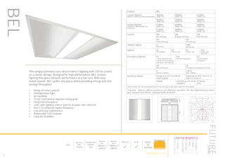 78
This unique luminaire uses direct/indirect lighting with LED as a twist
on a classic design. Designed for high performance, BEL creates
lighting that gives fantastic performance at a low cost. With easy
install system, BEL uplifts any space whilst providing energy and cost
savings throughout.
•	 Range of lumen outputs
•	 Homogeneous light
•	 Air handling
•	 To suit concealed & exposed ceiling grids
•	 Integrated emergency
•	 Links with lighting control systems & power over ethernet
•	 Part L & Enhanced Capital Allowance
•	 Low and easy maintenance
•	 Replaceable LED modules
•	 Long life 50,000hrs
BEL Product BEL
Lumen Options
(600mm x 600mm) Nominal dimension
4600lm
4000K LED
5400lm
4000K LED
6100lm
4000K LED
4500lm
3000K LED
5200lm
3000K LED
6000lm
3000K LED
Lumen Options
(1200mm x 300mm) Nominal
dimension
5200lm
4000K LED
6000lm
4000K LED
6900lm
4000K LED
5100lm
4000K LED
6000lm
4000K LED
6700lm
4000K LED
Control ND
Non dimming
HA
Analogue dimming
HD
DALI dimming
HS
Switch dimming
HX
DSI dimming
Diffuser Option ET
Polar frost
FMP
Microprism
Options X3
Air handling
X6
Shallow void
X7
750mm Tile
X16
Power Over
Ethernet
Emergency Options E3
3 hour integrated self
contained conversion kit
with green LED indicator
EA
Self test emergency
EC
Central battery
emergency
ED
DALI emergency
EE
Emergency via independent ELED
6
600mm x 600mm
LIN12
300 x 1200mm
Technical Details Designed to suit concealed &
exposed grids
Supported as either lay in or on
side arm brackets
CRI>80 LED Efficacy 167 lm/W
50.000hrs
IP Rating
IP20
Please contact our technical department for the most up-to-date information on LED modules
To Specify: 600mm x 600mm luminaire to suit 5400lumen cool white LED, DALI digital dimming control
gear and polar frost diffuser. Catalogue No BEL5K4KHDET
LED
Recessed
Depth
110mm
Available with
750mm
Tile
Nominal
Size
600mm x
600mm
Nominal
Size
1200mm x
300mm
Part L2

ECA

BUILT
IN
BRITAIN
LumEdit
BEL-LED-4.6K-4K-250MA-ET Polar Diagram
04.08.15 / 13:42 1/1
50
100
150
200
250
90°90°
180°
0° 30°30°
150°150°
60°
120°
60°
120°
cd / 1000 lm
C0 / C180 C90 / C270
HOWTOSPECIFY
LIGHT5K4KNDETE3
Luminaire
LumenOutput
LEDColour
Driver
Options
Emergency
futuredesigns.co.uk
 