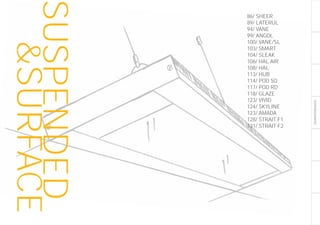 SUSPENDED/SURFACE
SUSPENDED
	&SURFACE 86/ SHEER
89/ LATERUL
94/ VANE
99/ ANGOL
100/ VANE/SL
103/ SMART
104/ SLEAK
106/ HAL AIR
108/ HAL
113/ HUB
114/ POD SQ
117/ POD RD
118/ GLAZE
123/ VIVID
124/ SKYLINE
123/ AMADA
128/ STRAIT F1
131/ STRAIT F2
 