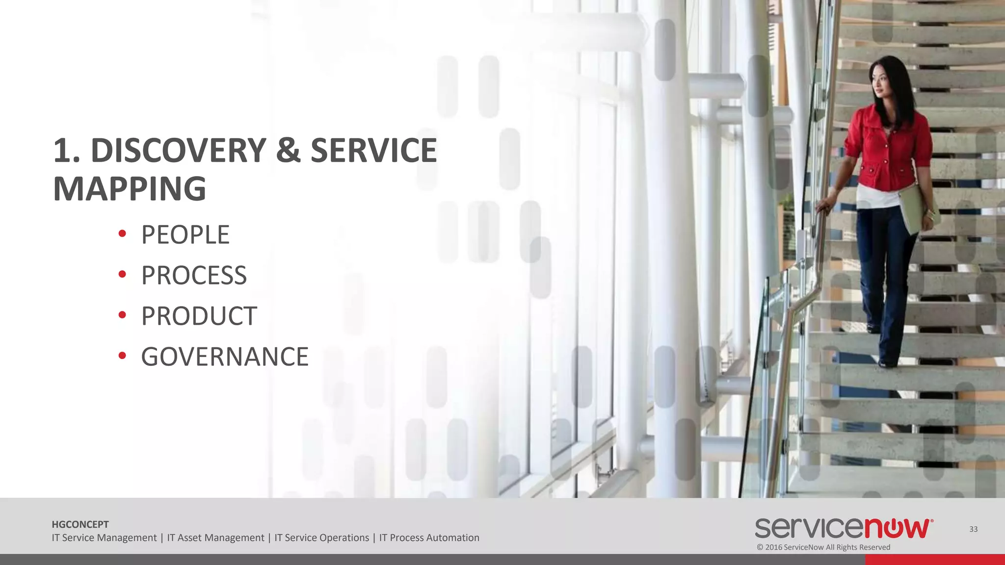 © 2016 ServiceNow All Rights Reserved
33HGCONCEPT
IT Service Management | IT Asset Management | IT Service Operations | IT Process Automation
1. DISCOVERY & SERVICE
MAPPING
• PEOPLE
• PROCESS
• PRODUCT
• GOVERNANCE
 