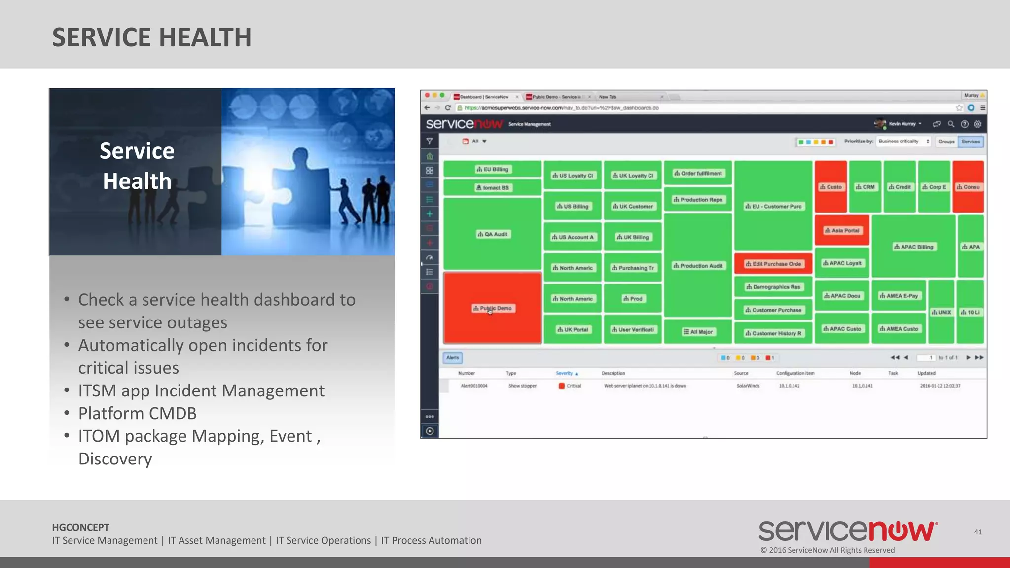 © 2016 ServiceNow All Rights Reserved
41HGCONCEPT
IT Service Management | IT Asset Management | IT Service Operations | IT Process Automation
Service
Health
• Check a service health dashboard to
see service outages
• Automatically open incidents for
critical issues
• ITSM app Incident Management
• Platform CMDB
• ITOM package Mapping, Event ,
Discovery
SERVICE HEALTH
 