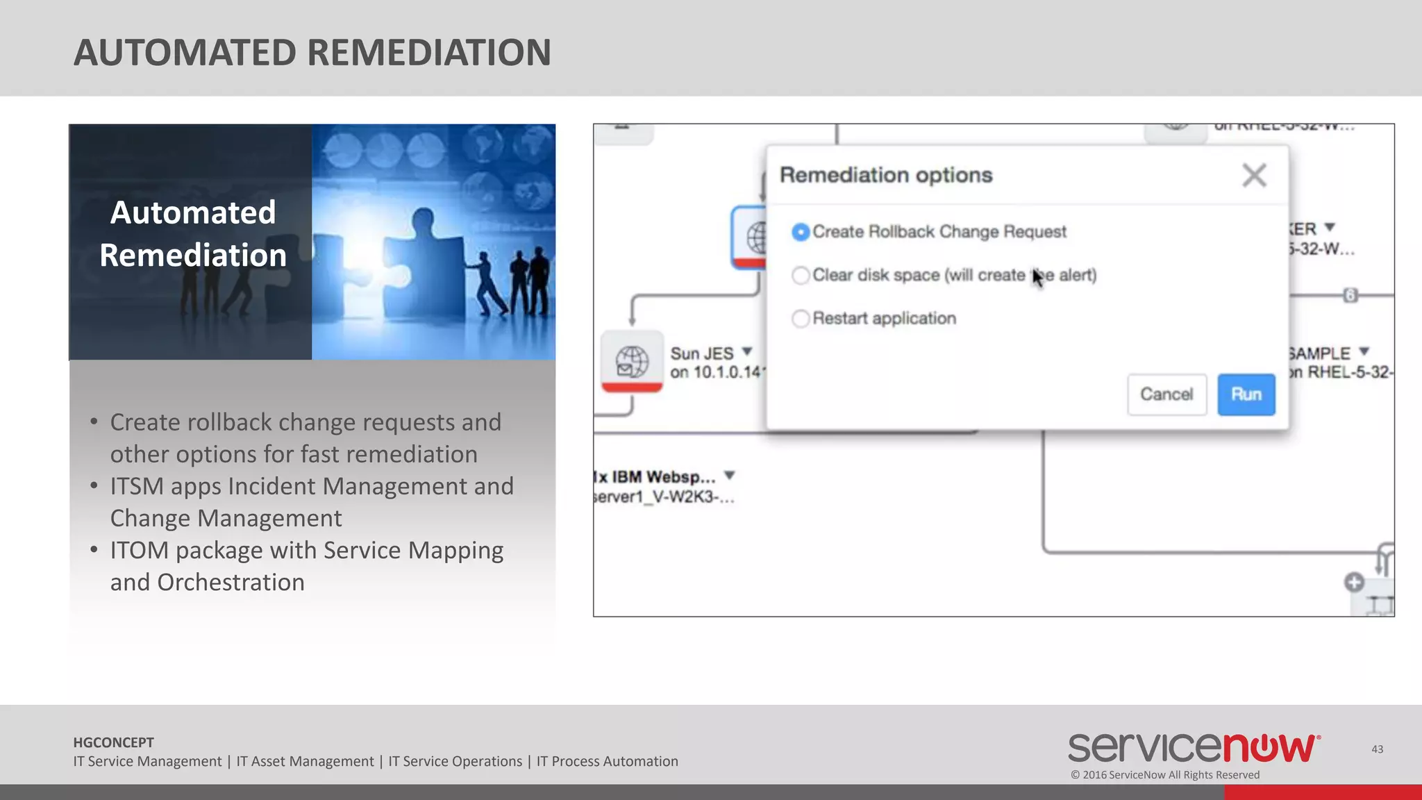 © 2016 ServiceNow All Rights Reserved
43HGCONCEPT
IT Service Management | IT Asset Management | IT Service Operations | IT Process Automation
Automated
Remediation
• Create rollback change requests and
other options for fast remediation
• ITSM apps Incident Management and
Change Management
• ITOM package with Service Mapping
and Orchestration
AUTOMATED REMEDIATION
 