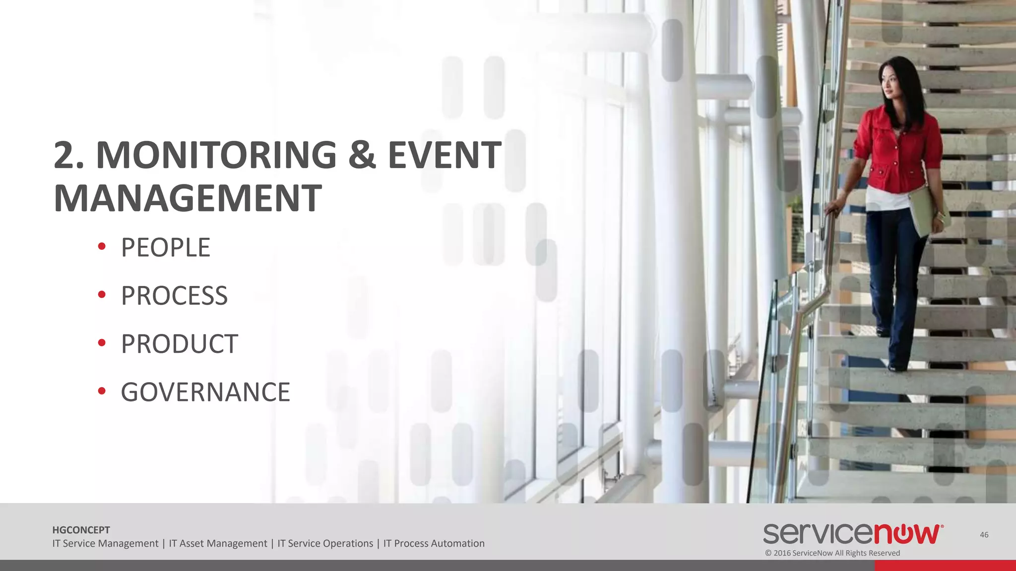 © 2016 ServiceNow All Rights Reserved
46HGCONCEPT
IT Service Management | IT Asset Management | IT Service Operations | IT Process Automation
2. MONITORING & EVENT
MANAGEMENT
• PEOPLE
• PROCESS
• PRODUCT
• GOVERNANCE
 