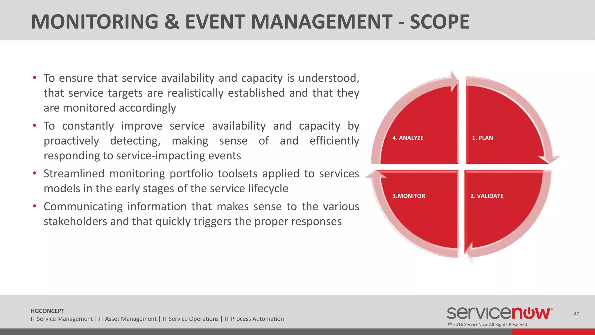 © 2016 ServiceNow All Rights Reserved
47HGCONCEPT
IT Service Management | IT Asset Management | IT Service Operations | IT Process Automation
MONITORING & EVENT MANAGEMENT - SCOPE
• To ensure that service availability and capacity is understood,
that service targets are realistically established and that they
are monitored accordingly
• To constantly improve service availability and capacity by
proactively detecting, making sense of and efficiently
responding to service-impacting events
• Streamlined monitoring portfolio toolsets applied to services
models in the early stages of the service lifecycle
• Communicating information that makes sense to the various
stakeholders and that quickly triggers the proper responses
1. PLAN
2. VALIDATE3.MONITOR
4. ANALYZE
 