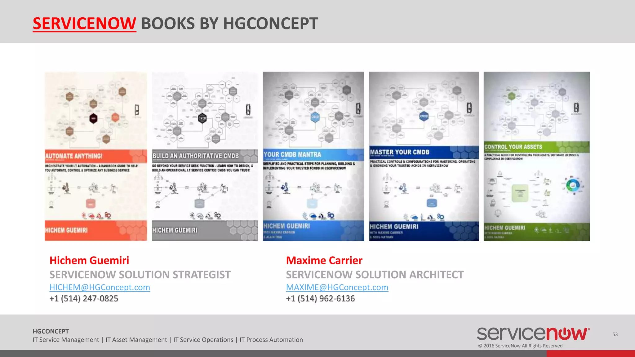 © 2016 ServiceNow All Rights Reserved
53HGCONCEPT
IT Service Management | IT Asset Management | IT Service Operations | IT Process Automation
SERVICENOW BOOKS BY HGCONCEPT
Hichem Guemiri
SERVICENOW SOLUTION STRATEGIST
HICHEM@HGConcept.com
+1 (514) 247-0825
Maxime Carrier
SERVICENOW SOLUTION ARCHITECT
MAXIME@HGConcept.com
+1 (514) 962-6136
 