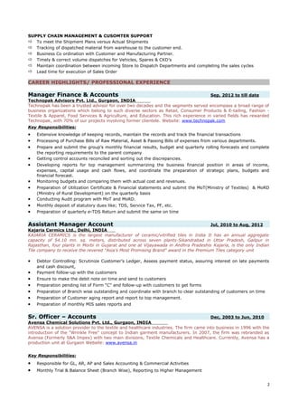 SUPPLY CHAIN MANAGEMENT & CUSOMTER SUPPORT
 To meet the Shipment Plans versus Actual Shipments
 Tracking of dispatched material from warehouse to the customer end.
 Business Co ordination with Customer and Manufacturing Partner.
 Timely & correct volume dispatches for Vehicles, Spares & CKD’s
 Maintain coordination between incoming Store to Dispatch Departments and completing the sales cycles
 Lead time for execution of Sales Order
CAREER HIGHLIGHTS/ PROFESSIONAL EXPERIENCE
Manager Finance & Accounts Sep, 2012 to till date
Technopak Advisors Pvt. Ltd., Gurgaon, INDIA
Technopak has been a trusted advisor for over two decades and the segments served encompass a broad range of
business organizations which belong to such diverse sectors as Retail, Consumer Products & E-tailing, Fashion -
Textile & Apparel, Food Services & Agriculture, and Education. This rich experience in varied fields has rewarded
Technopak, with 70% of our projects involving former clientele. Website: www.technopak.com
Key Responsibilities:
• Extensive knowledge of keeping records, maintain the records and track the financial transactions
• Processing of Purchase Bills of Raw Material, Asset & Passing Bills of expenses from various departments.
• Prepare and submit the group’s monthly financial results, budget and quarterly rolling forecasts and complete
the reporting requirements to the parent company
• Getting control accounts reconciled and sorting out the discrepancies.
• Developing reports for top management summarizing the business financial position in areas of income,
expenses, capital usage and cash flows, and coordinate the preparation of strategic plans, budgets and
financial forecast.
• Monitoring budgets and comparing them with actual cost and revenues.
• Preparation of Utilization Certificate & Financial statements and submit the MoT(Ministry of Textiles) & MoRD
(Ministry of Rural Development) on the quarterly basis
• Conducting Audit program with MoT and MoRD.
• Monthly deposit of statutory dues like; TDS, Service Tax, PF, etc.
• Preparation of quarterly e-TDS Return and submit the same on time
Assistant Manager Account Jul, 2010 to Aug, 2012
Kajaria Cermics Ltd., Delhi, INDIA
KAJARIA CERAMICS is the largest manufacturer of ceramic/vitrified tiles in India It has an annual aggregate
capacity of 54.10 mn. sq. meters, distributed across seven plants-Sikandrabad in Uttar Pradesh, Gailpur in
Rajasthan, four plants in Morbi in Gujarat and one at Vijayawada in Andhra Pradeshis Kajaria, is the only Indian
Tile company to receive the revered "Asia's Most Promising Brand" award in the Premium Tiles category unit
• Debtor Controlling: Scrutinize Customer’s Ledger, Assess payment status, assuring interest on late payments
and cash discount,
• Payment follow-up with the customers
• Ensure to make the debit note on time and send to customers
• Preparation pending list of Form “C” and follow-up with customers to get forms
• Preparation of Branch wise outstanding and coordinate with branch to clear outstanding of customers on time
• Preparation of Customer aging report and report to top management.
• Preparation of monthly MIS sales reports and
Sr. Officer – Accounts Dec, 2003 to Jun, 2010
Avensa Chemical Solutions Pvt. Ltd., Gurgaon, INDIA
AVENSA is a solution provider to the textile and healthcare industries. The firm came into business in 1996 with the
introduction of the "Wrinkle Free" concept to Indian garment manufacturers. In 2007, the firm was rebranded as
Avensa (Formerly S&A Impex) with two main divisions, Textile Chemicals and Healthcare. Currently, Avensa has a
production unit at Gurgaon Website: www.avensa.in
Key Responsibilities:
• Responsible for GL, AR, AP and Sales Accounting & Commercial Activities
• Monthly Trial & Balance Sheet (Branch Wise), Reporting to Higher Management
2
 