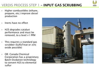 • Higher combustibles (ethane,
propane, etc.) improve diesel
production
• Inerts have no effect
• H2S degrades catalyst
performance and must be
removed, to a level >1 PPM
• This requires a standard gas
scrubber (SulfaTreat or zinc
oxide possible)
• OR: Canada Chemical
Corporation has a proprietary
Batch Oxidation technology
to convert H2S to elemental
sulfur
VERDIS PROCESS STEP 1 – INPUT GAS SCRUBBING
 