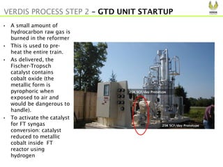• A small amount of
hydrocarbon raw gas is
burned in the reformer
• This is used to pre-
heat the entire train.
• As delivered, the
Fischer-Tropsch
catalyst contains
cobalt oxide (the
metallic form is
pyrophoric when
exposed to air and
would be dangerous to
handle).
• To activate the catalyst
for FT syngas
conversion: catalyst
reduced to metallic
cobalt inside FT
reactor using
hydrogen
VERDIS PROCESS STEP 2 – GTD UNIT STARTUP
25K SCF/day Prototype
25K SCF/day Prototype
 