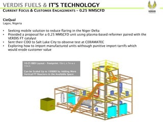 CieQual
Lagos, Nigeria
• Seeking mobile solution to reduce flaring in the Niger Delta
• Provided a proposal for a 0.25 MMSCFD unit using plasma-based reformer paired with the
VERDIS FT catalyst
• Sent their COO to Salt Lake City to observe test at CERAMATEC
• Exploring how to import manufactured units withough punitive import tarrifs which
would erode customer value
VERDIS FUELS & IT’S TECHNOLOGY
CURRENT FOCUS & CUSTOMER ENGAGEMENTS – 0.25 MMSCFD
10-25 BBD Layout – Footprint: 15m L x 7m w x
11m h
Can be Scaled Up to 100BBD by Adding More
Vertical FT Reactors in the Available Space
 
