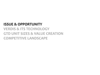 ISSUE & OPPORTUNITY
VERDIS & ITS TECHNOLOGY
GTD UNIT SIZES & VALUE CREATION
COMPETITIVE LANDSCAPE
 