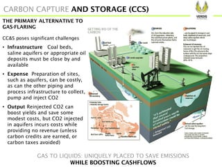 CARBON CAPTURE AND STORAGE (CCS)
THE PRIMARY ALTERNATIVE TO
GAS-FLARING
CC&S poses significant challenges
• Infrastructure Coal beds,
saline aquifers or appropriate oil
deposits must be close by and
available
• Expense Preparation of sites,
such as aquifers, can be costly,
as can the other piping and
process infrastructure to collect,
pump and inject CO2
• Output Reinjected CO2 can
boost yields and save some
modest costs, but CO2 injected
in aquifers incurs costs while
providing no revenue (unless
carbon credits are earned, or
carbon taxes avoided)
GAS TO LIQUIDS: UNIQUELY PLACED TO SAVE EMISSIONS
WHILE BOOSTING CASHFLOWS
 