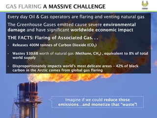 Every day Oil & Gas operators are flaring and venting natural gas
The Greenhouse Gases emitted cause severe environmental
damage and have significant worldwide economic impact
THE FACTS: Flaring of Associated Gas. . .
• Releases 400M tonnes of Carbon Dioxide (CO2)
• Wastes $30.6B worth of natural gas (Methane, CH4) , equivalent to 8% of total
world supply
• Disproportionately impacts world’s most delicate areas – 42% of black
carbon in the Arctic comes from global gas flaring
Imagine if we could reduce those
emissions…and monetize that “waste”!
GAS FLARING A MASSIVE CHALLENGE
 