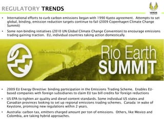 REGULATORY TRENDS
• International efforts to curb carbon emissions began with 1990 Kyoto agreement. Attempts to set
global, binding, emission reduction targets continue to fail (2009 Copenhagen Climate Change
Summit)
• Some non-binding initiatives (2010 UN Global Climate Change Convention) to encourage emissions
trading gaining traction. EU, individual countries taking action domestically
• 2009 EU Energy Directive: binding participation in the Emissions Trading Scheme. Enables EU-
based companies with foreign subsidiaries to claim EU tax bill credits for foreign reductions
• US EPA to tighten air quality and diesel content standards. Some individual US states and
Canadian provinces looking to set up regional emissions trading schemes. Canada: in wake of
Keystone, promising new regulations within 2 years.
• Australia: carbon tax, emitters charged amount per ton of emissions. Others, like Mexico and
Colombia, are taking hybrid approaches.
 