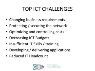 TOP ICT CHALLENGES
• Changing business requirements
• Protecting / securing the network
• Optimizing and controlling costs
• Decreasing ICT Budgets
• Insufficient IT Skills / training
• Developing / delivering applications
• Reduced IT Headcount
 