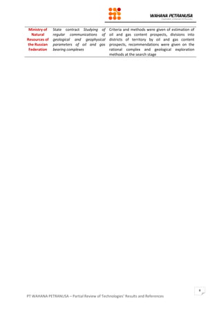 PT WAHANA PETRANUSA – Partial Review of Technologies’ Results and References
8
Ministry of
Natural
Resources of
the Russian
Federation
State contract Studying of
regular communications of
geological and geophysical
parameters of oil and gas
bearing complexes
Criteria and methods were given of estimation of
oil and gas content prospects, divisions into
districts of territory by oil and gas content
prospects, recommendations were given on the
rational complex and geological exploration
methods at the search stage
 