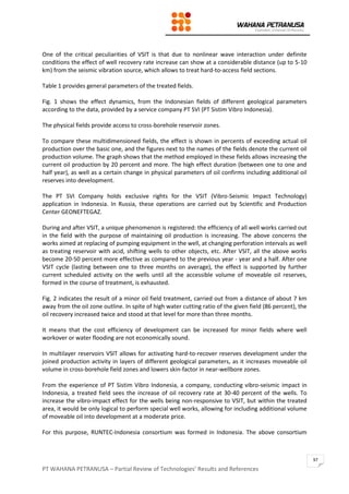 PT WAHANA PETRANUSA – Partial Review of Technologies’ Results and References
97
One of the critical peculiarities of VSIT is that due to nonlinear wave interaction under definite
conditions the effect of well recovery rate increase can show at a considerable distance (up to 5-10
km) from the seismic vibration source, which allows to treat hard-to-access field sections.
Table 1 provides general parameters of the treated fields.
Fig. 1 shows the effect dynamics, from the Indonesian fields of different geological parameters
according to the data, provided by a service company PT SVI (PT Sistim Vibro Indonesia).
The physical fields provide access to cross-borehole reservoir zones.
To compare these multidimensioned fields, the effect is shown in percents of exceeding actual oil
production over the basic one, and the figures next to the names of the fields denote the current oil
production volume. The graph shows that the method employed in these fields allows increasing the
current oil production by 20 percent and more. The high effect duration (between one to one and
half year), as well as a certain change in physical parameters of oil confirms including additional oil
reserves into development.
The PT SVI Company holds exclusive rights for the VSIT (Vibro-Seismic Impact Technology)
application in Indonesia. In Russia, these operations are carried out by Scientific and Production
Center GEONEFTEGAZ.
During and after VSIT, a unique phenomenon is registered: the efficiency of all well works carried out
in the field with the purpose of maintaining oil production is increasing. The above concerns the
works aimed at replacing of pumping equipment in the well, at changing perforation intervals as well
as treating reservoir with acid, shifting wells to other objects, etc. After VSIT, all the above works
become 20-50 percent more effective as compared to the previous year - year and a half. After one
VSIT cycle (lasting between one to three months on average), the effect is supported by further
current scheduled activity on the wells until all the accessible volume of moveable oil reserves,
formed in the course of treatment, is exhausted.
Fig. 2 indicates the result of a minor oil field treatment, carried out from a distance of about 7 km
away from the oil zone outline. In spite of high water cutting ratio of the given field (86 percent), the
oil recovery increased twice and stood at that level for more than three months.
It means that the cost efficiency of development can be increased for minor fields where well
workover or water flooding are not economically sound.
In multilayer reservoirs VSIT allows for activating hard-to-recover reserves development under the
joined production activity in layers of different geological parameters, as it increases moveable oil
volume in cross-borehole field zones and lowers skin-factor in near-wellbore zones.
From the experience of PT Sistim Vibro Indonesia, a company, conducting vibro-seismic impact in
Indonesia, a treated field sees the increase of oil recovery rate at 30-40 percent of the wells. To
increase the vibro-impact effect for the wells being non-responsive to VSIT, but within the treated
area, it would be only logical to perform special well works, allowing for including additional volume
of moveable oil into development at a moderate price.
For this purpose, RUNTEC-Indonesia consortium was formed in Indonesia. The above consortium
 