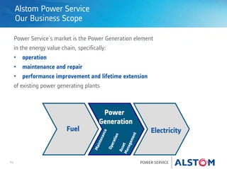 P3 POWER SERVICE
Alstom Power Service
Our Business Scope
Power Service's market is the Power Generation element
in the energy value chain, specifically:
• operation
• maintenance and repair
• performance improvement and lifetime extension
of existing power generating plants
Fuel Electricity
Power
Generation
Maintenance
Operation
AssetManagement
 