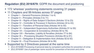 Regulation (EU) 2016/679: GDPR the document and positioning
 173 ‘whereas’ positioning statements covering 31 pages
 11 Chapters and 99 Articles across 57 pages
 Chapter I – General Provisions (Articles 1 to 4)
 Chapter II – Principles (Articles 5 to 11)
 Chapter III – Rights of Data Subject 5 Sections (Articles 12 to 23)
 Chapter IV – Controller & Processor 5 Sections (Articles 24 to 43)
 Chapter V – Transfers of Personal Data (Articles 44 to 50)
 Chapter VI – Independent Supervisory Authorities (Articles 51 to 59)
 Chapter VII – Cooperation & Consistency (Articles 60 to 76)
 Chapter VIII – Remedies, Liability & Penalties (Articles 77 to 84)
 Chapter IX – Processing Situation Provisions (Articles 85 to 91)
 Chapter X – Delegation & Implementation Acts (Articles 92 & 93)
 Chapter XI – Final Provisions (Articles 94 to 99)
 Supported by 2 Directives passed at the same time
 (EU) 2016/680 Processing of personal data by competent authorities for prevention of crime
 (EU) 2016/681 Use of passenger name records for prevention of terrorism and crime
 
