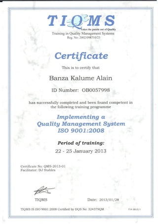 Alain Banza Certificate in Quality Management System ISO 9001-2