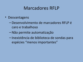 Marcadores RFLP
• Desvantagens
–Desenvolvimento de marcadores RFLP é
caro e trabalhoso
–Não permite automatização
–Inexistência de biblioteca de sondas para
espécies “menos importantes”
 