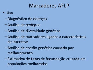 • Uso
– Diagnóstico de doenças
– Análise de pedigree
– Análise de diversidade genética
– Análise de marcadores ligados a características
de interesse
– Análise de erosão genética causada por
melhoramento
– Estimativa de taxas de fecundação cruzada em
populações melhoradas
Marcadores AFLP
 