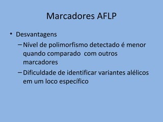 Marcadores AFLP
• Desvantagens
–Nível de polimorfismo detectado é menor
quando comparado com outros
marcadores
–Dificuldade de identificar variantes alélicos
em um loco específico
 